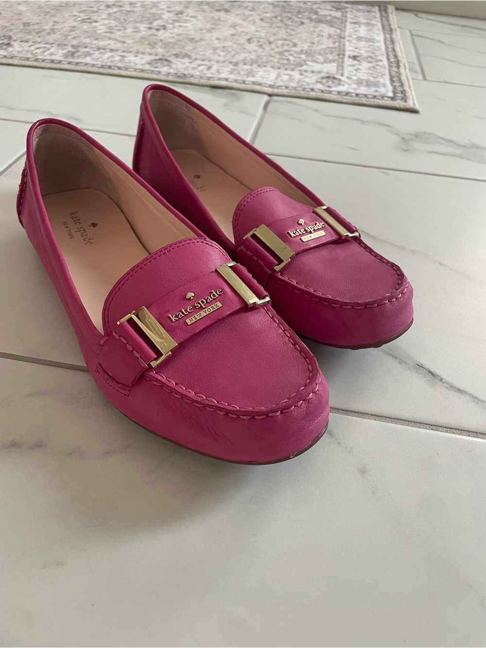 kate spade Hot Pink Leather Loafers with Gold Hardware